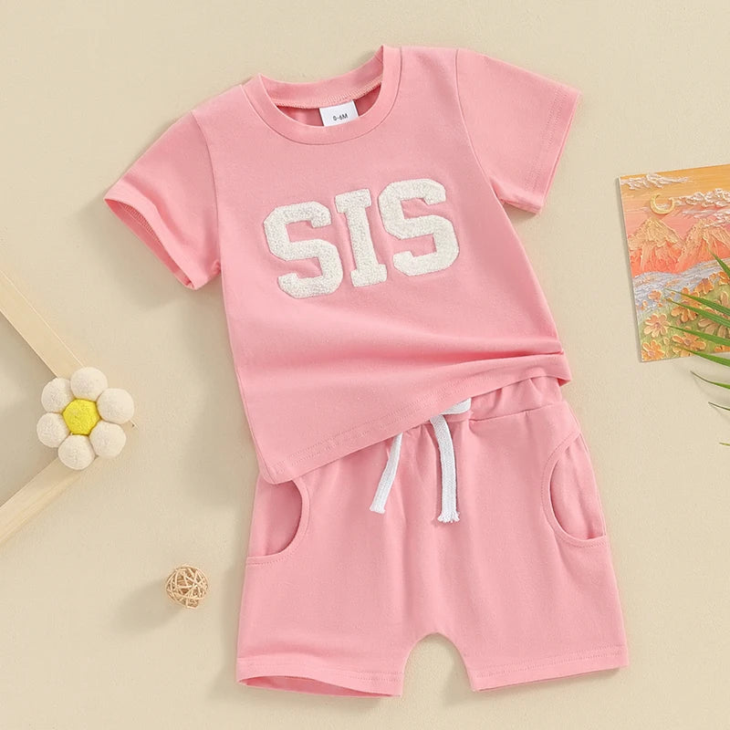 Baby Toddler Girl 2Pcs SIS Spring Summer Clothes Short Sleeve Letter Embroidery Top Drawstring Shorts Outfit Set Siblings Sister