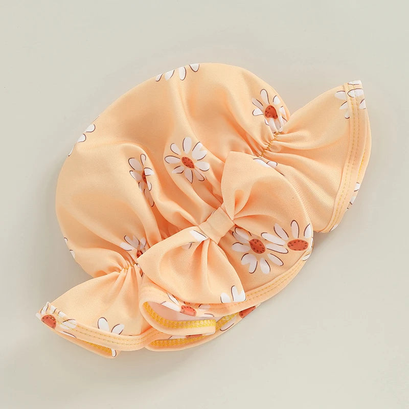 Baby Toddler Girls 2Pcs Swimsuit Daisy Flower Print Long Sleeve Round Neck Swimwear Front Zipper Bathing Suit and Hat Set