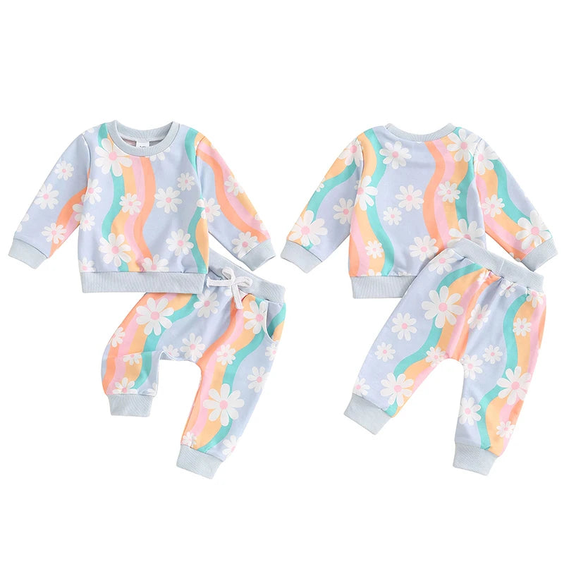 Baby Toddler Girls 2Pcs Fall Outfit Striped Daisy Flower Print Long Sleeve Top and Elastic Pants Set