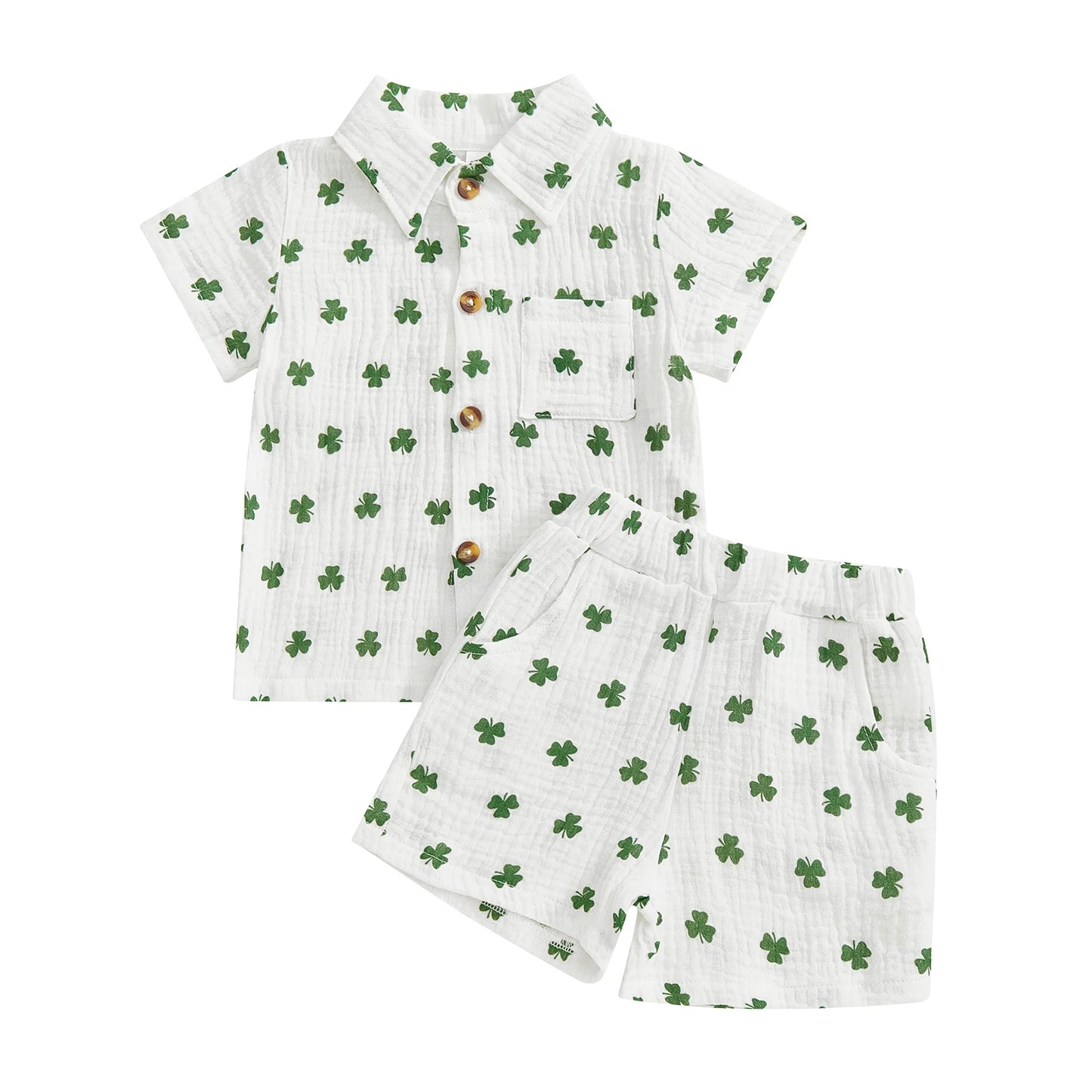 Baby Toddler Boys 2Pcs Spring St. Patrick's Day Set Shamrock Print Short Sleeve Lapel Button Down Shirt Shorts Outfit