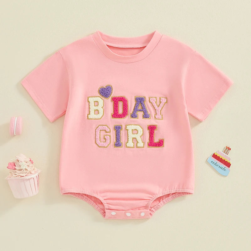 Baby Boys Girls BDAY BOY / GIRL First Birthday One Year Old Romper Short Sleeve Crew Neck Embroidery Heart Letters Bodysuit