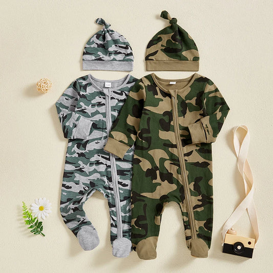 Baby Boys 2Pcs Footies Romper Camouflage Round Neck Long Sleeve Zipper Romper Infant Clothes Jumpsuit with Beanie Hat Set Outfit