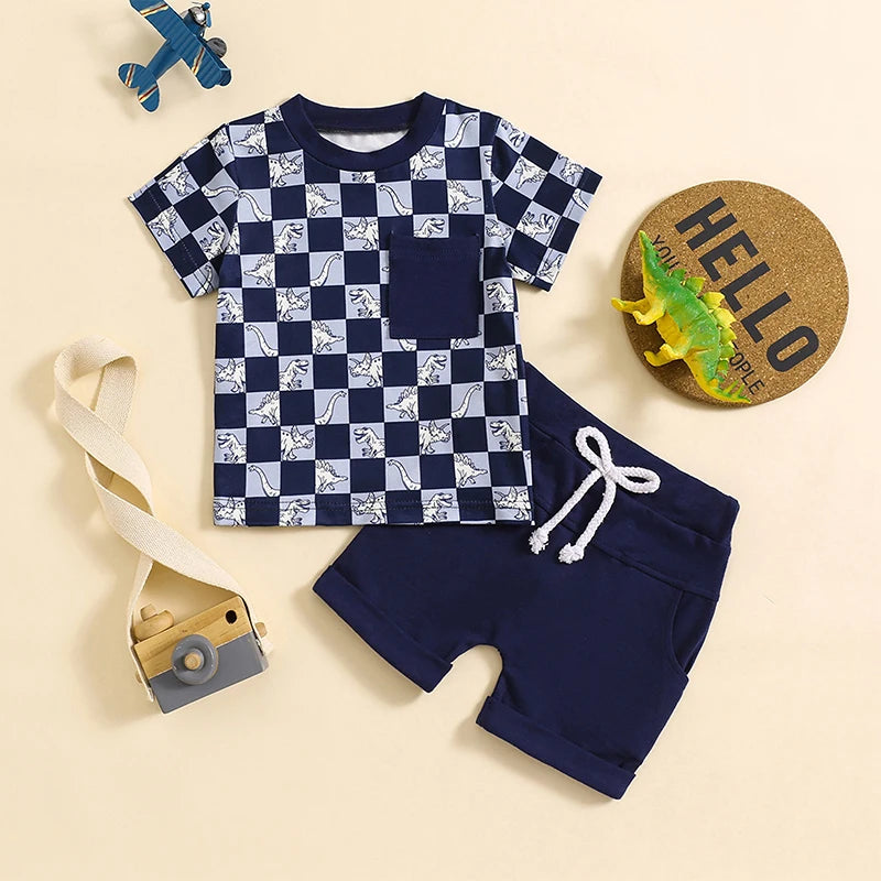 Baby Toddler Boys 2Pcs Summer Outfits Checker Print Short Sleeve Top Elastic Waist Shorts Clothes Set