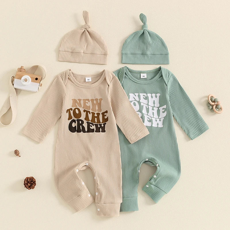 Baby Girl Boy 2Pcs New To The Crew Fall Romper Letter Ribbed Long Sleeve Full Length Jumpsuit Hat Clothes Outfit Set