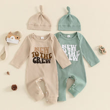 Load image into Gallery viewer, Baby Girl Boy 2Pcs New To The Crew Fall Romper Letter Ribbed Long Sleeve Full Length Jumpsuit Hat Clothes Outfit Set
