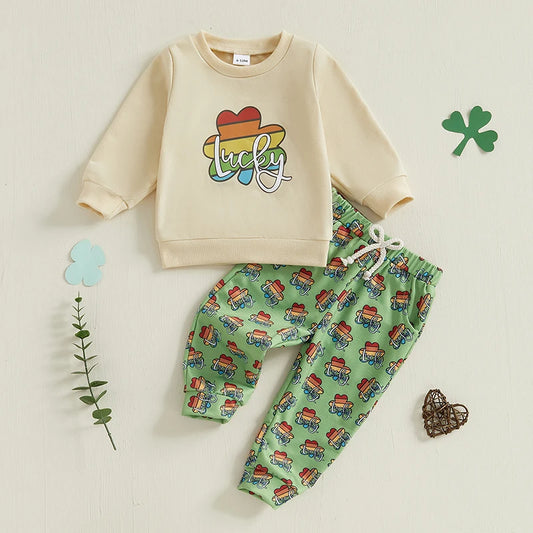 Baby Toddler Boys 2Pcs St. Patrick's Day Outfit Long Sleeve Lucky Rainbow Shamrock Print Crewneck Top + Pants Jogger Set