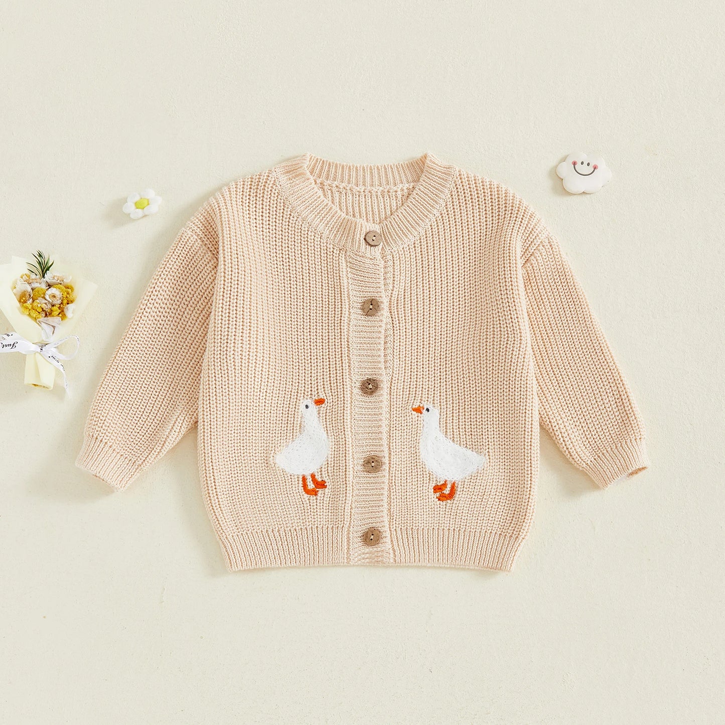 Toddler Kids Girl Knit Sweater Long Sleeve Round Neck Goose Embroidery Button Down Cardigan Tops