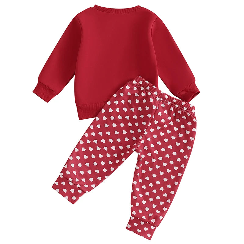 Baby Toddler Girls 2Pcs Daddy's Valentine Valentine's Day Outfit Letter Print Long Sleeve Crewneck Top with Heart Pattern Long Jogger Pants Valentines Set