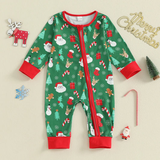 Baby Boys Girls Christmas Zipper Romper Reindeer Santa Print Zip Up Long Sleeve Round Neck Jumpsuit