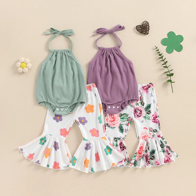 Baby Girl 2Pcs Summer Outfit Tie-Up Halter Neck Sleeveless Romper with Flower Print Flared Pants Set