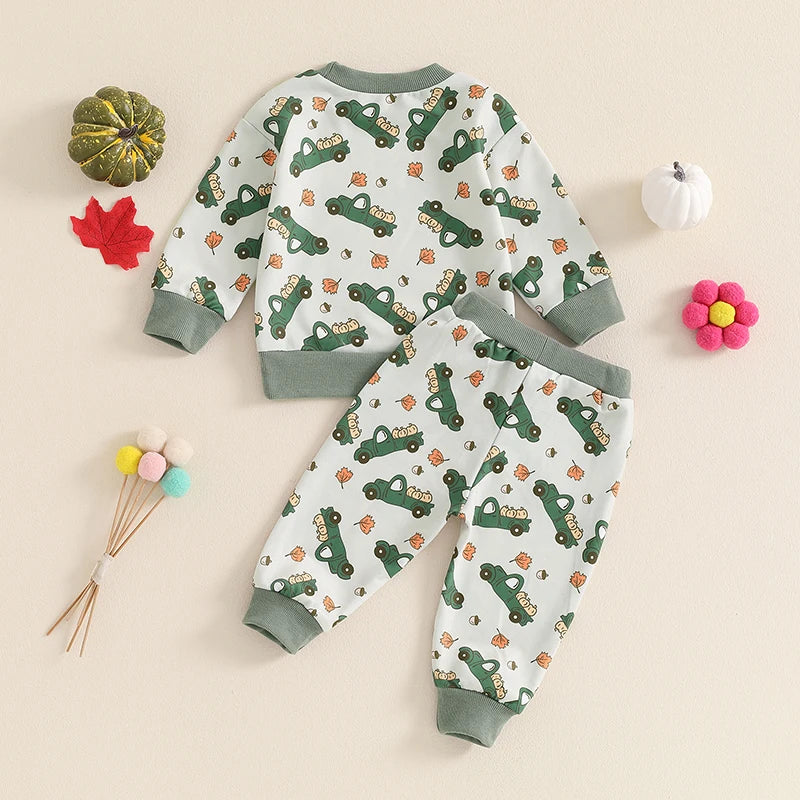 Baby Toddler Girls Boys 2Pcs Fall Outfit Truck Print Long Sleeve Crew Neck Top and Pants Set