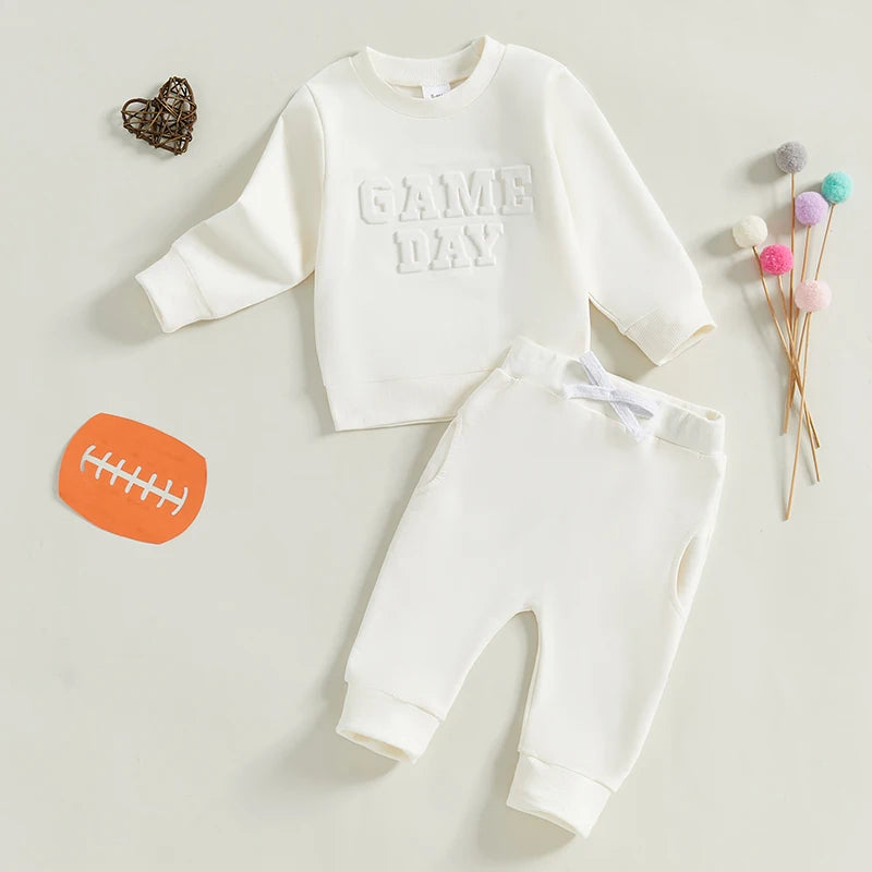 Baby Toddler Boys Girls 2Pcs GAME DAY Jogger Set Long Sleeve O-Neck Letter Top with Elastic Waist Pants Fall Outfit