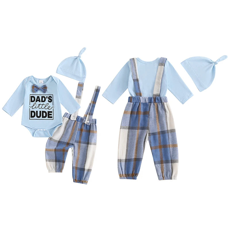 Baby Boys 3Pcs Dad's Little Dude Outfit Letter Print Long Sleeve Romper Plaid Suspender Pants Hat Set for Fall