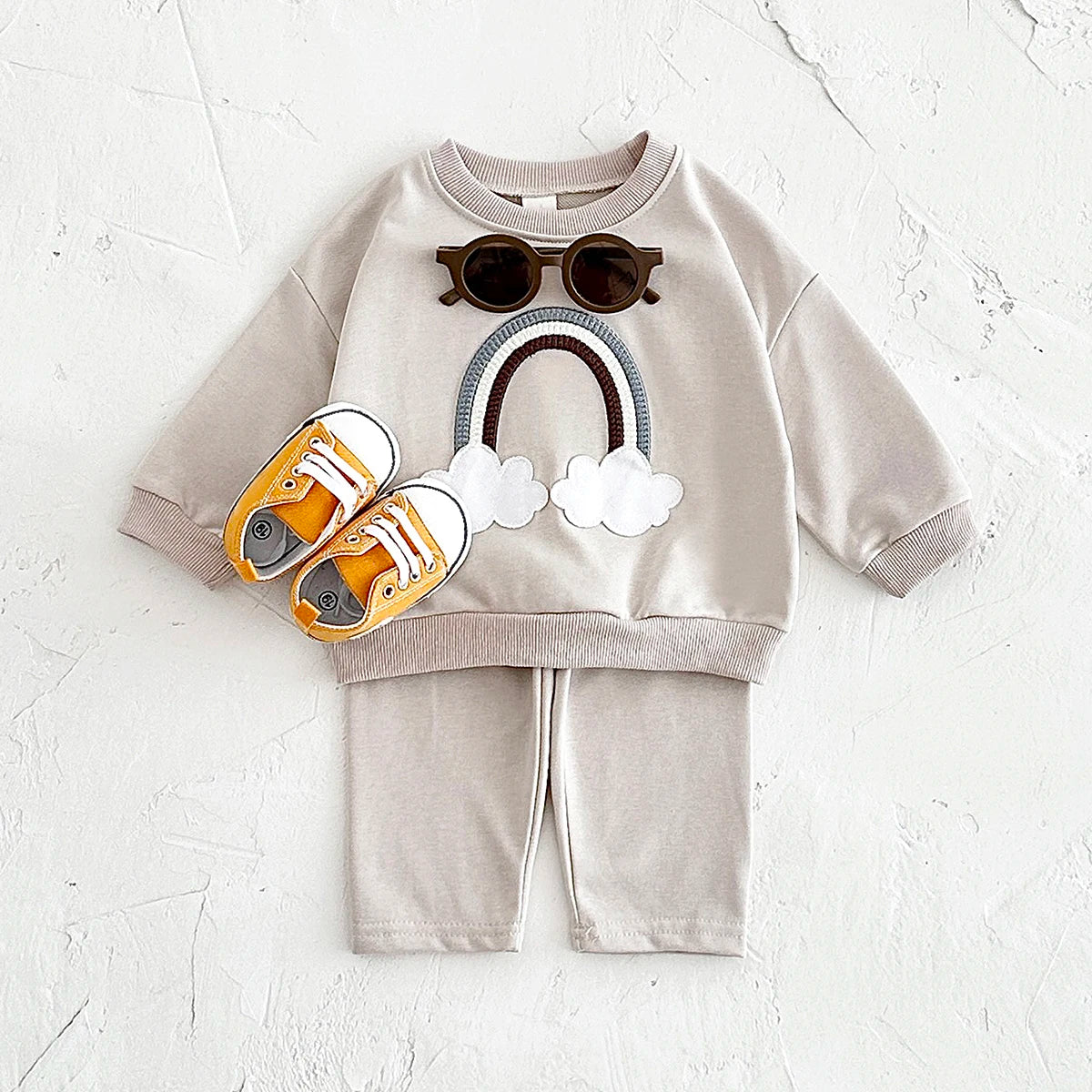 Baby Toddler Boys Girls 2Pcs Rainbow Embroidery Jogger Set Fall Long Sleeve Top + Pants Outfit