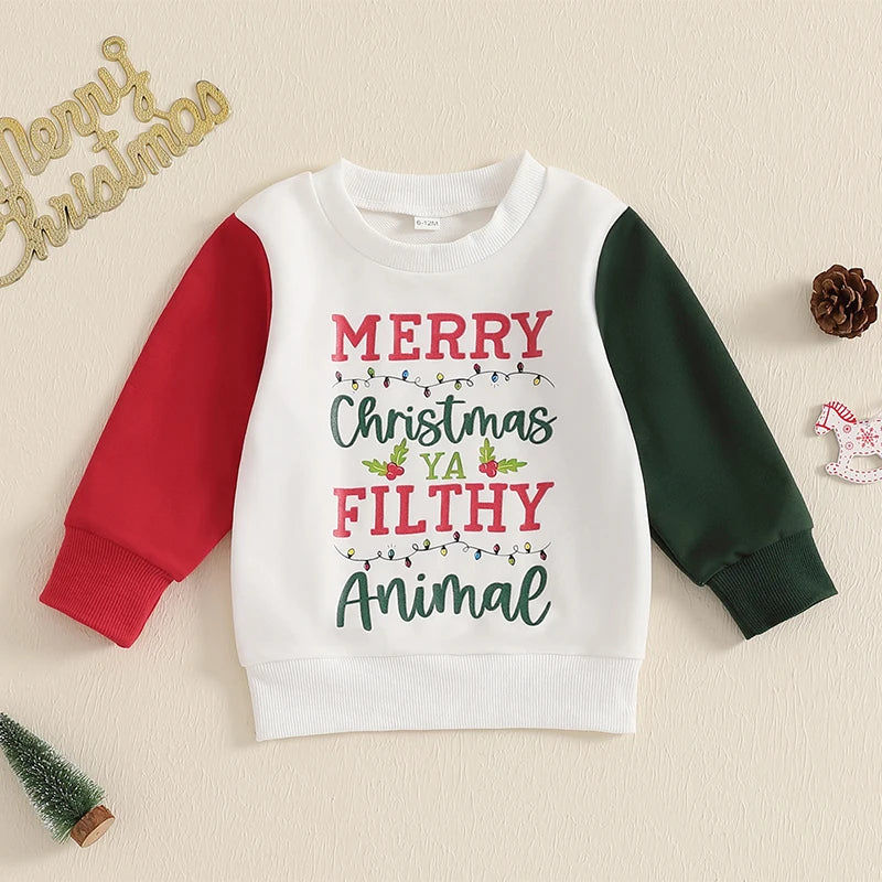 Baby Toddler Girls Boys Christmas Letter Santa Cookies Reindeer / Merry Christmas Ya Filthy Animal Long Sleeve Pullover Patchwork Top