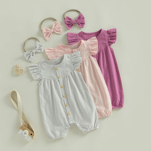 Baby Girl 2Pcs Summer Outfit Solid Flying Sleeve Romper with Bow Headband 2 Piece Set