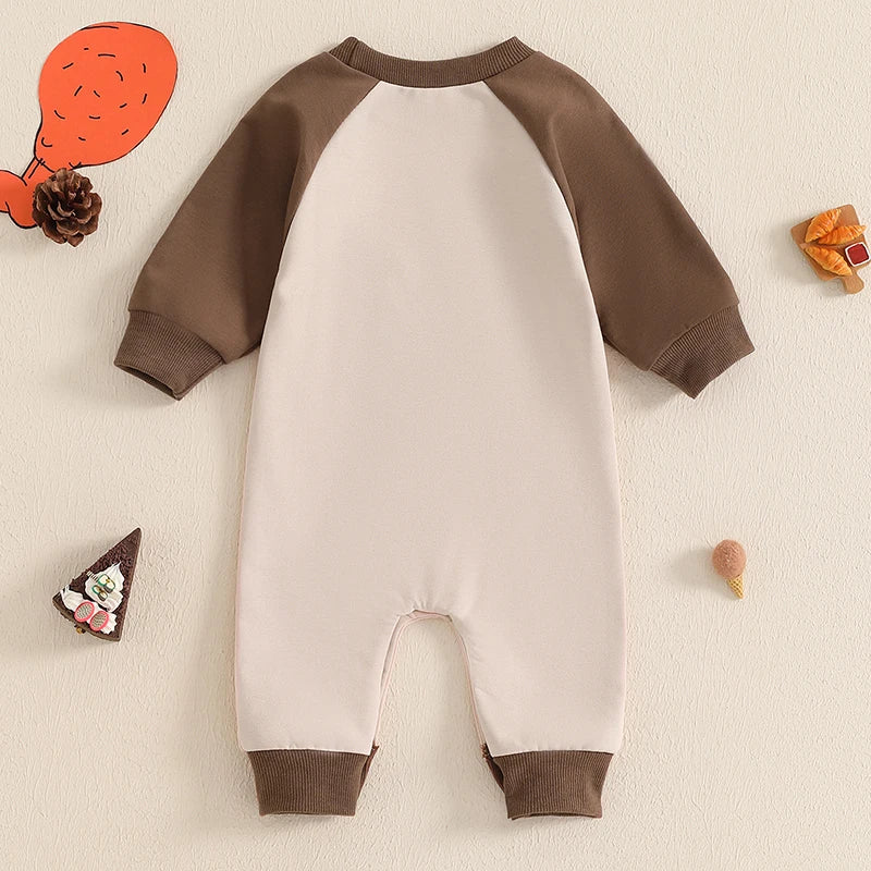 Baby Boy My First Thanksgiving Romper Casual Turkey Letter Embroidery Long Sleeve Jumpsuit