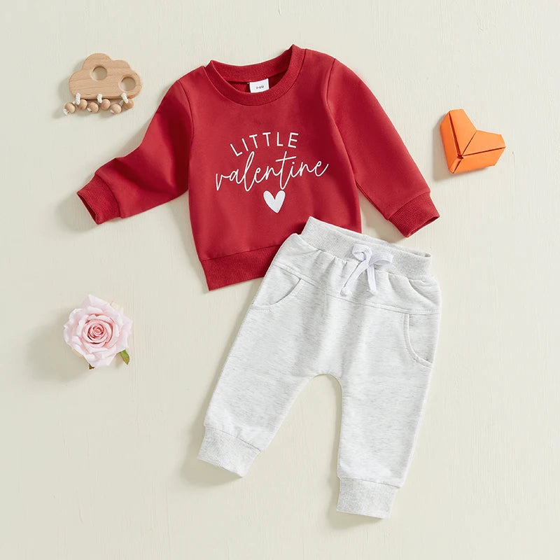 Baby Toddler Girls Boys 2Pcs Little Valentine Valentine's Day Heart Letter Print Long Sleeve Round Neck Top Long Pants Outfit Valentines Jogger Set