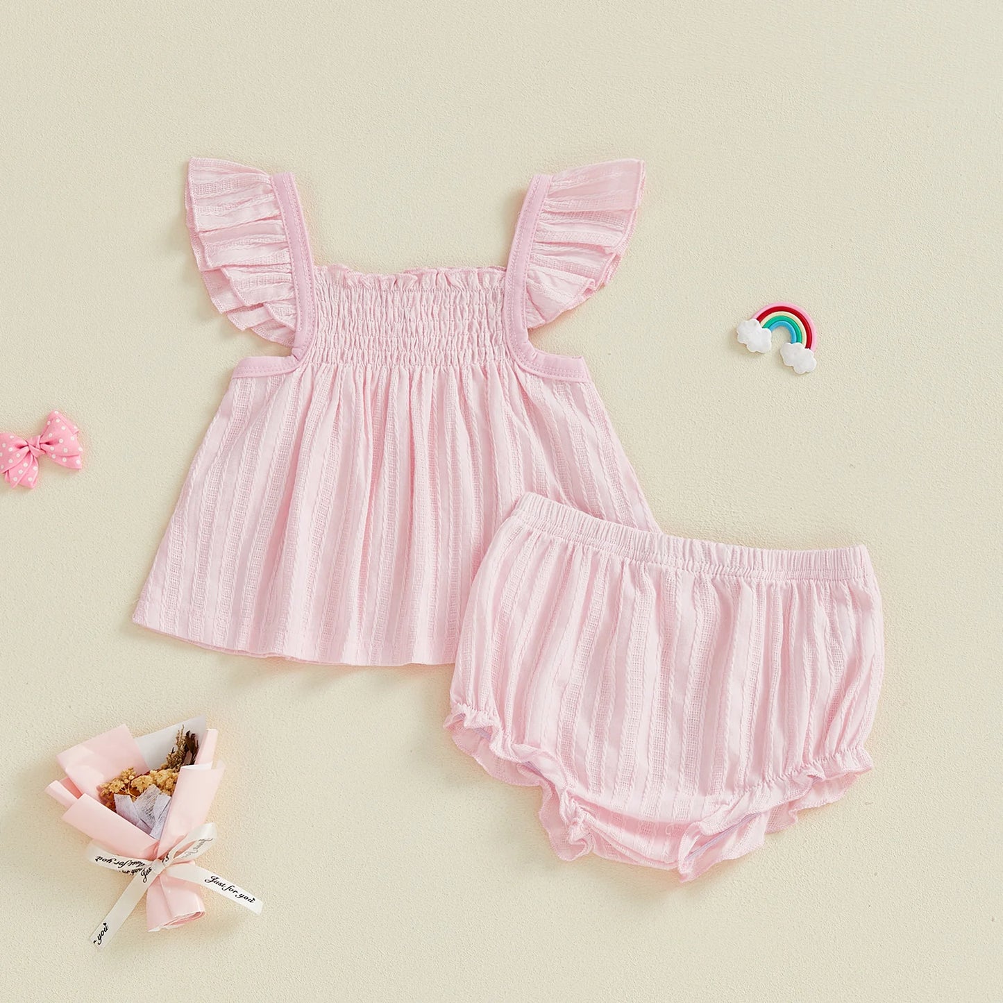 Baby Girls 2Pcs Spring Summer Outfit Flying Sleeve A-line Tops Ruffle Trim Shorts Set