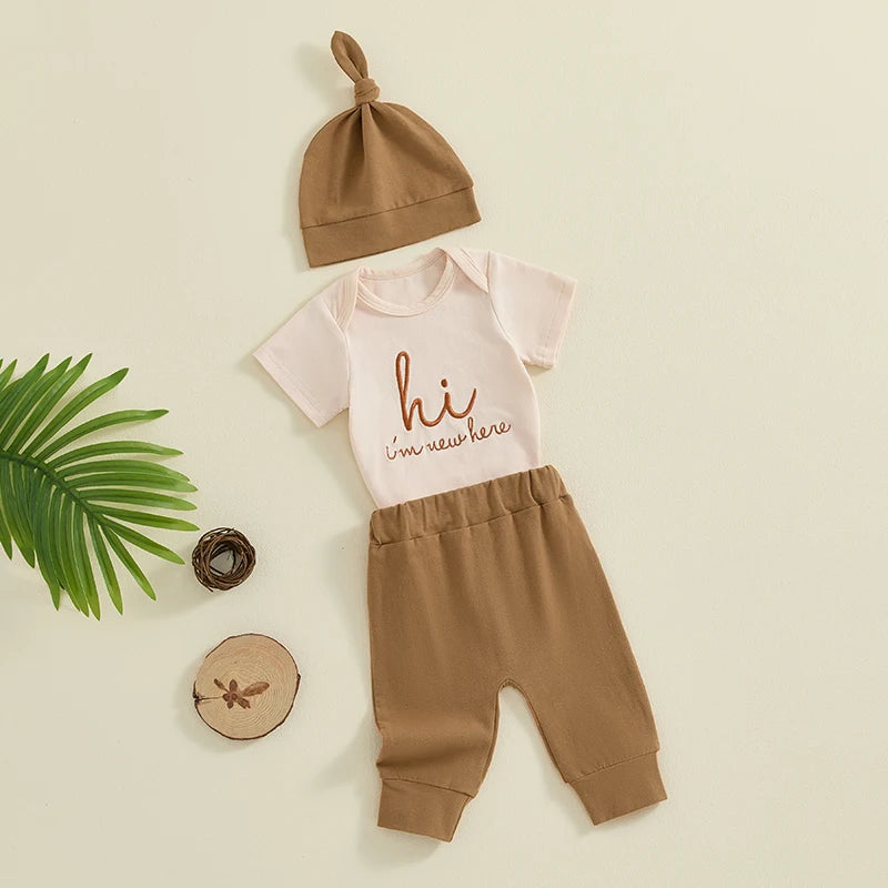 Baby Girl Boy 3Pcs Hi I'm New Here Outfit Letter Embroidery Short Sleeve Romper Elastic Waist Long Pants Hat Clothes Set