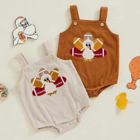 Baby Boys Girls Thanksgiving Overalls Romper Football Turkey Embroidery Sleeveless Square Neck Jumpsuit