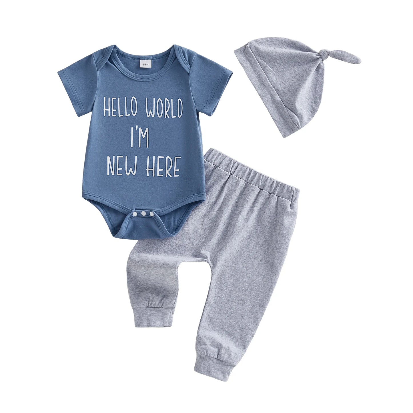 Baby Boy 3Pcs Hello World I'm New Here Summer Outfit Letter Print Crew Neck Short Sleeve Romper Pants and Hat Set