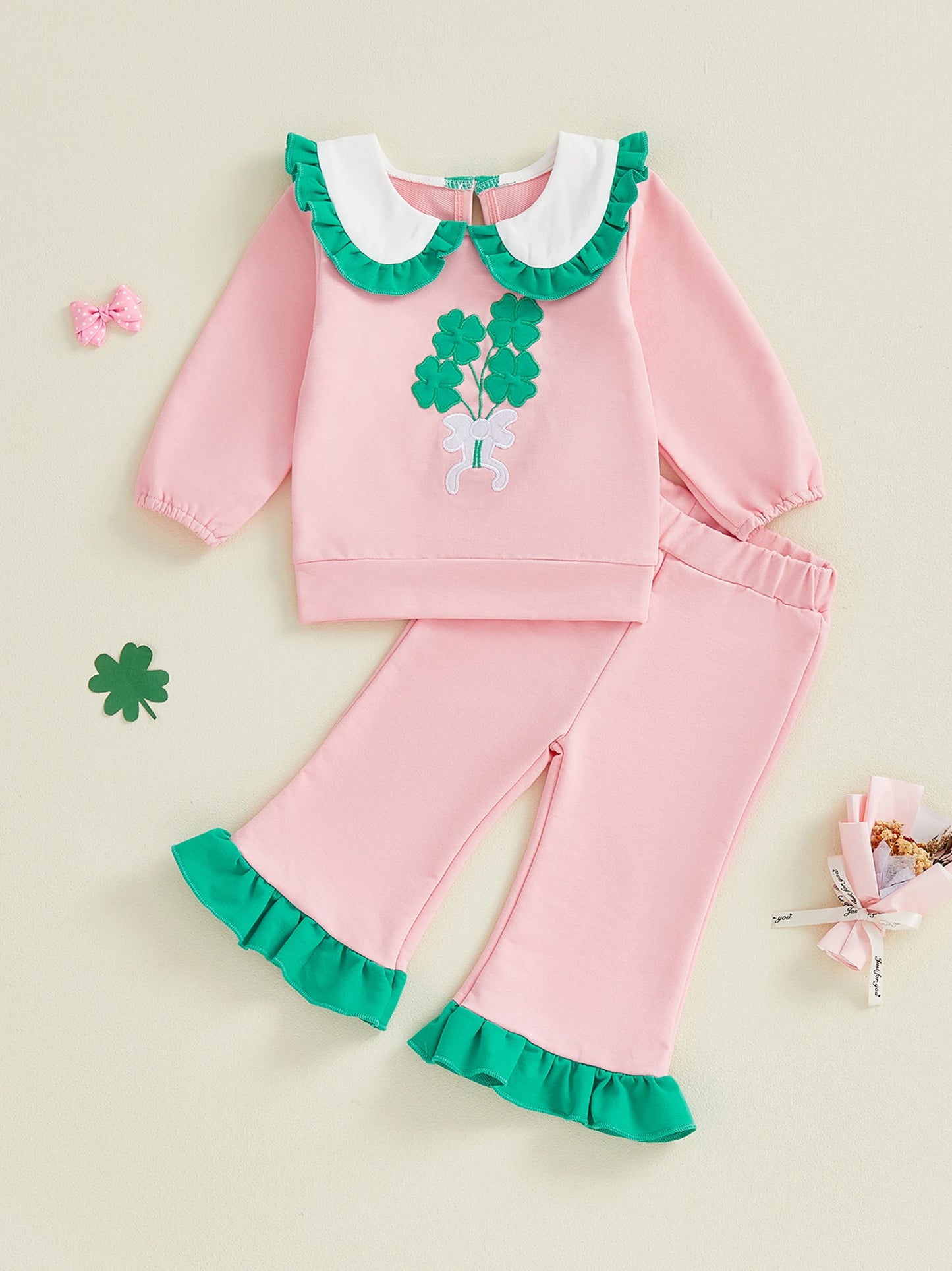 Baby Toddler Girl 2Pcs Spring Outfit Clover Bow Embroidered Doll Collar Top and Flare Pants 2 Piece Set