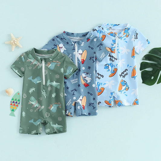 Baby Toddler Boys Swimwear Short Sleeve Cartoon Print Shark Whale Front Zipper Bathing Suit Swimsuit Romper