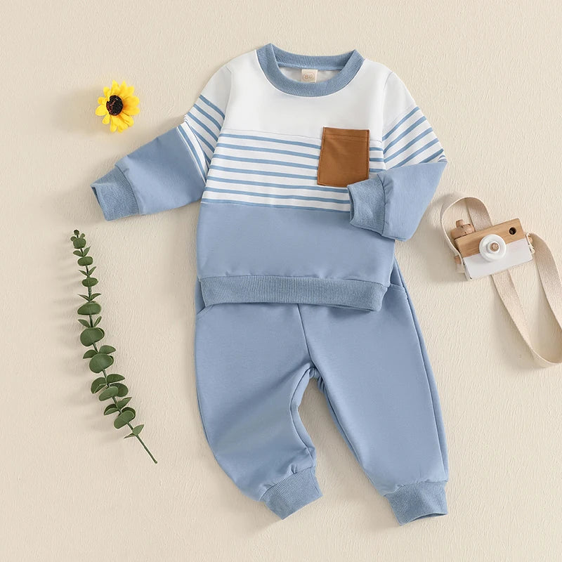 Baby Toddler Boys 2Pcs Outfit Long Sleeve Stripes Top with Elastic Waist Pants Fall Jogger Set