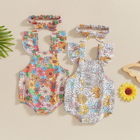 Baby Girl 2Pcs Outfit Fly Sleeve Flower Print Romper with Hairband Summer Clothes Set