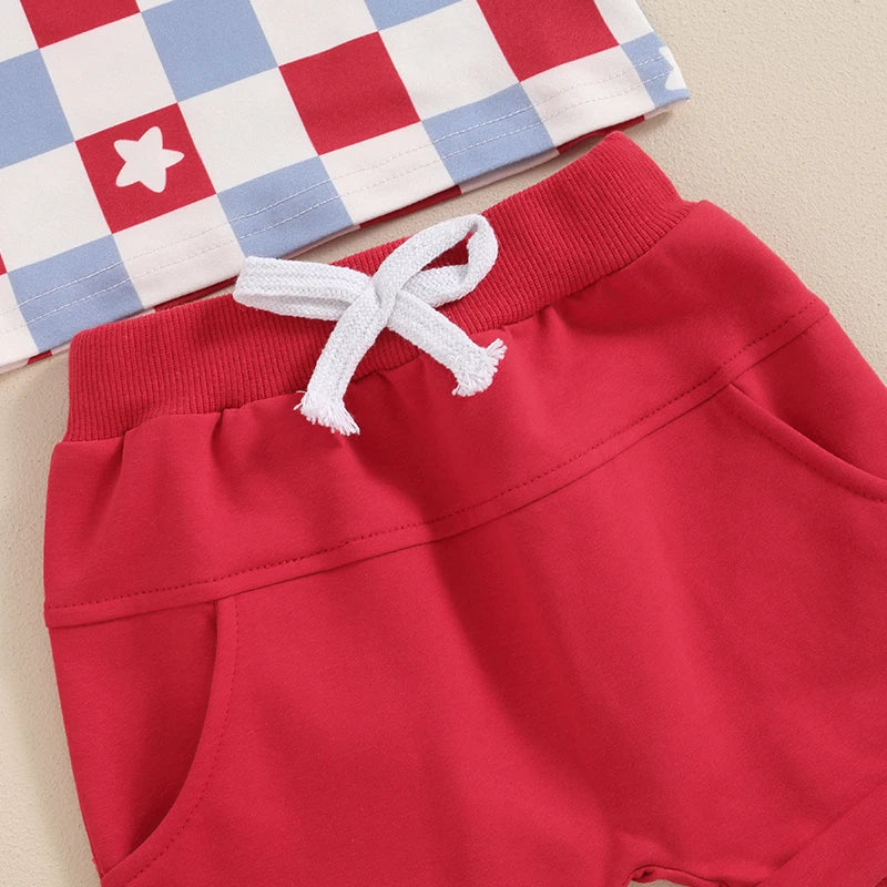 Baby Toddler Boys 2Pcs 4th of July USA Outfit Short Sleeve Letter Flag/Star Checkerboard Print Top Drawstring Shorts Set