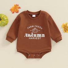 Load image into Gallery viewer, Baby Boys Girls Farm Fresh Autumn Harvest Halloween Thanksgiving Romper Letter Pumpkin Print Round Neck Long Sleeve Casual Jumpsuit for Fall
