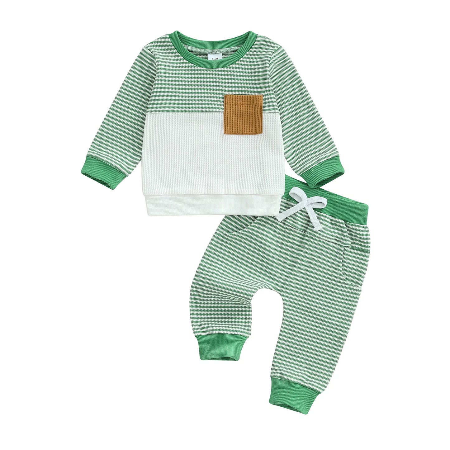 Baby Toddler Boys 2Pcs Fall Waffled Outfits Stripe Pocket Long Sleeve Round Neck Pullover + Elastic Waist Pants Jogger Set