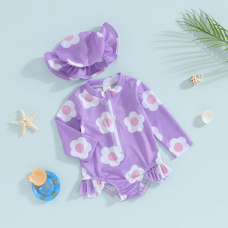 Baby Toddler Girls 2Pcs Swimsuit with Hat Flower Print Long Sleeve Ruffles Round Neck Front Zipper Bathing Suit Set