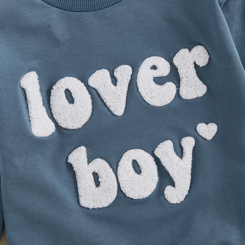 Baby Boys Lover Boy Valentine's Day Bubble Romper Long Sleeve O-Neck Embroidery Letters Valentines Bodysuit