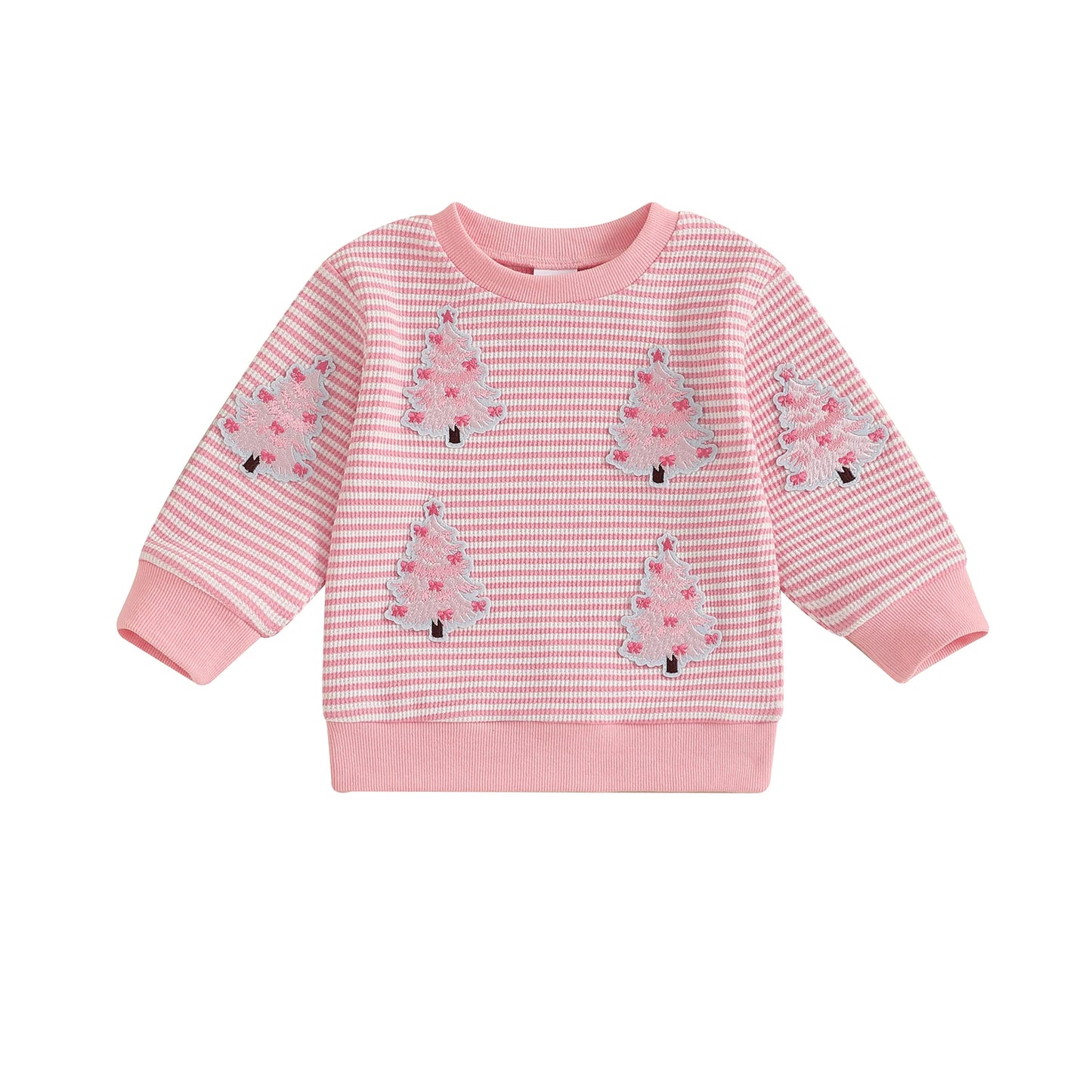 Baby Toddler Girl Christmas Top Christmas Tree Embroidered Striped Crew Neck Long Sleeve Pullover