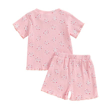 Load image into Gallery viewer, 2024-03-26 Lioraitiin Toddler Girl Summer Outfit Flower Print Round Neck Short Sleeve T-Shirts Tops and Shorts 2Pcs Clothes Set
