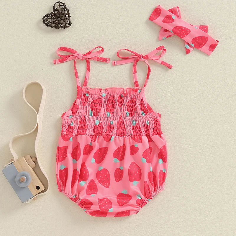 Baby Girls 2Pcs Sleeveless Romper Strawberry/Baseball Print Tie Spaghetti Straps Tank Summer Jumpsuit and Headband Set