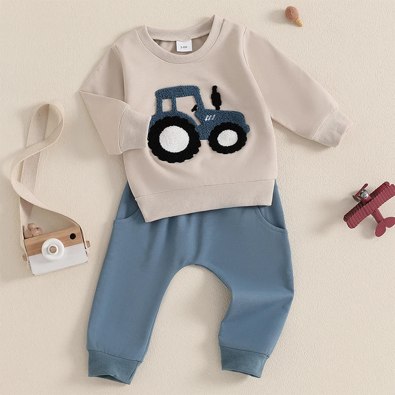 Baby Toddler Boys 2Pcs OutfitTractor Embroidery Long Sleeve Crewneck Top with Solid Long Pants Jogger Set