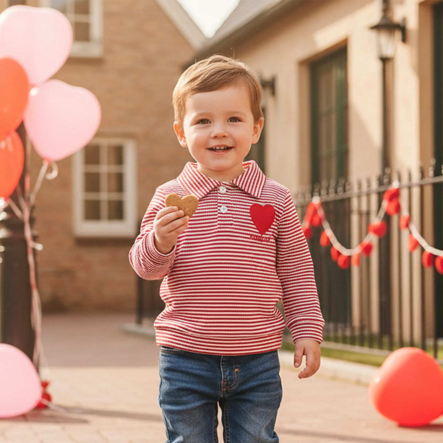 Baby Toddler Valentine's Day Long Sleeve Turn-down Collar Striped Embroidery Heart Top