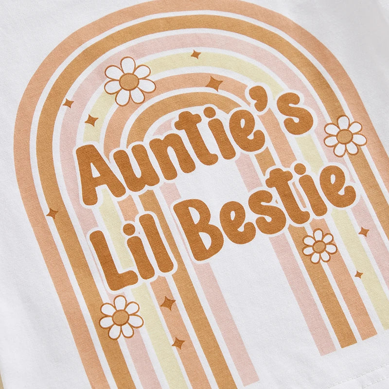 Baby Toddler Kids Girls 3Pcs Auntie's Lil Bestie / Mama's Bestie Summer Clothes Sets Rainbow Letter Short Sleeve T-shirts Ribbed Flare Pants Bow Headband Outfit