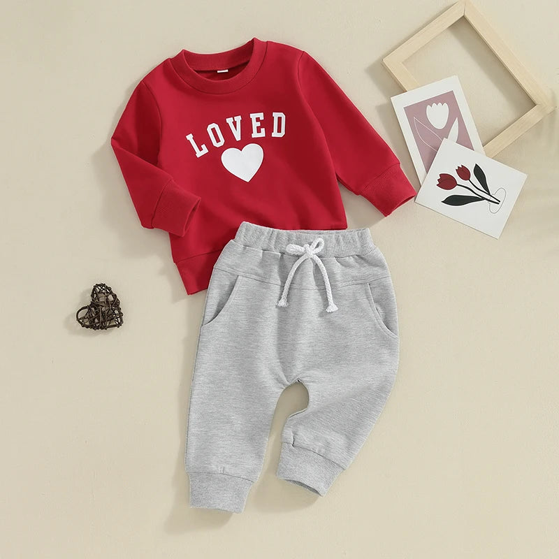 Baby Toddler Boys Girls 2Pcs Valentine's Day Outfits Heart Letter Loved Print Long Sleeve Top and Long Pants Clothes Set