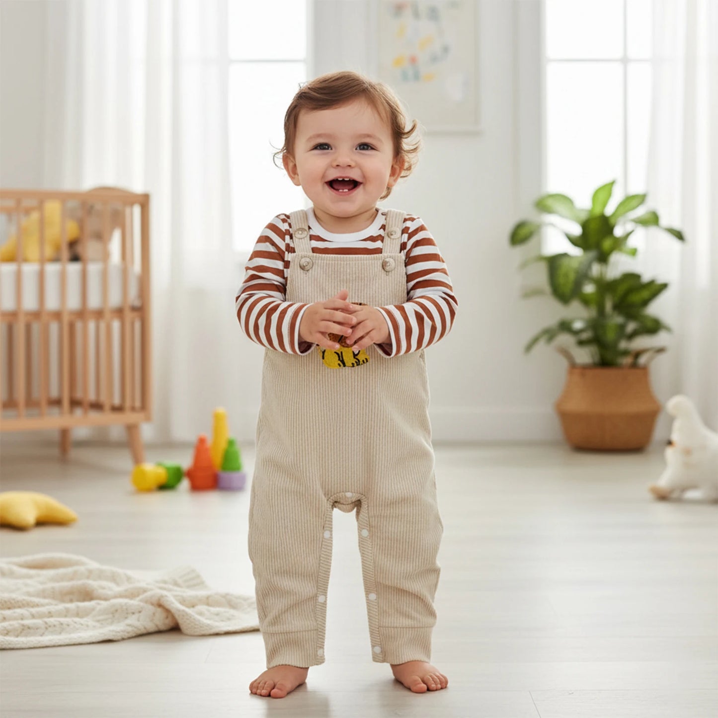 Baby Boys 2Pcs Clothing Sets Fashionable Long Sleeve Striped Topswith Lion Embroidery Overalls 2Pcs Fall Outfits