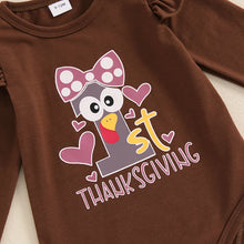 Load image into Gallery viewer, Baby Girl 3Pcs 1st First Thanksgiving Outfit Turkey Print Long Sleeve Romper Flared Pants Headband Set
