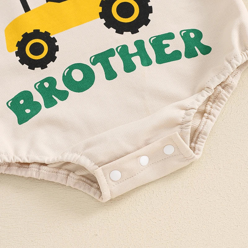 Baby Boy Summer Romper Little Brother Short Sleeve Round Neck Fire Truck Tractor Letter Print Bodysuit