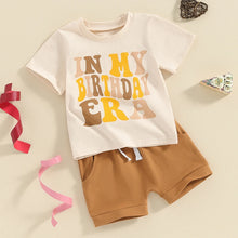 Load image into Gallery viewer, Toddler Baby Boy 2Pcs Birthday Outfit Letter In My Birthday Era Print Short Sleeve Top + Solid Shorts Summer Set
