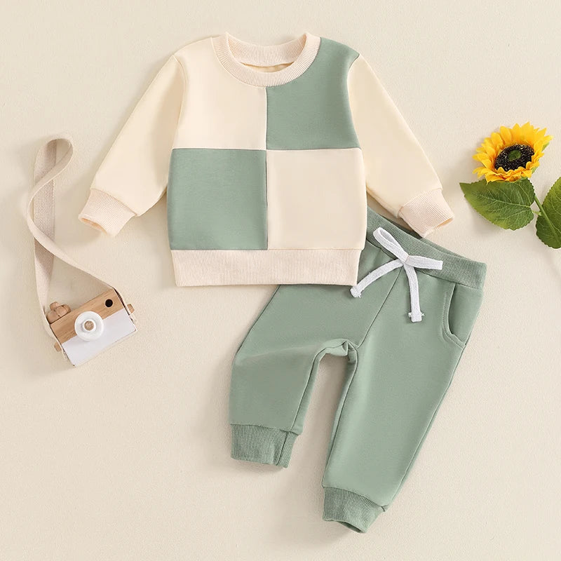 Baby Toddler Boys 2Pcs Fall Outfit Long Sleeve Contrast Color Crewneck Top + Solid Pants Set