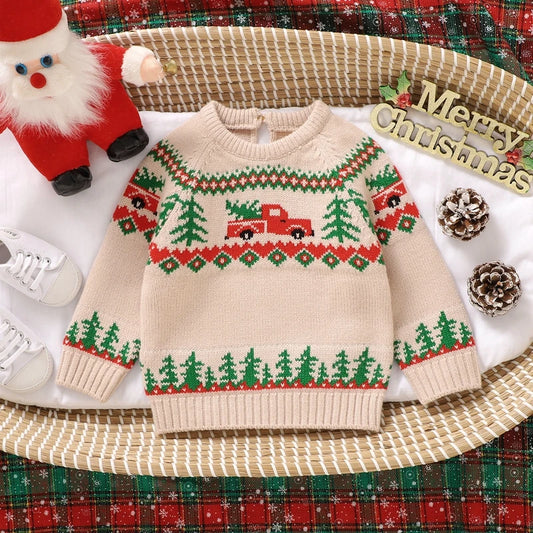 Baby Toddler Boy Girl Christmas Sweater Long Sleeve Round Neck Truck Tree Print Knit Pullover Top