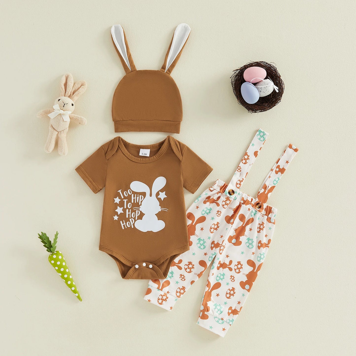 Baby Boy Girls 3Pcs Easter Outfits Cute Short Sleeve Round Neck Rabbit Letter My First Easter Print Jumpsuit Overalls and Hat Set