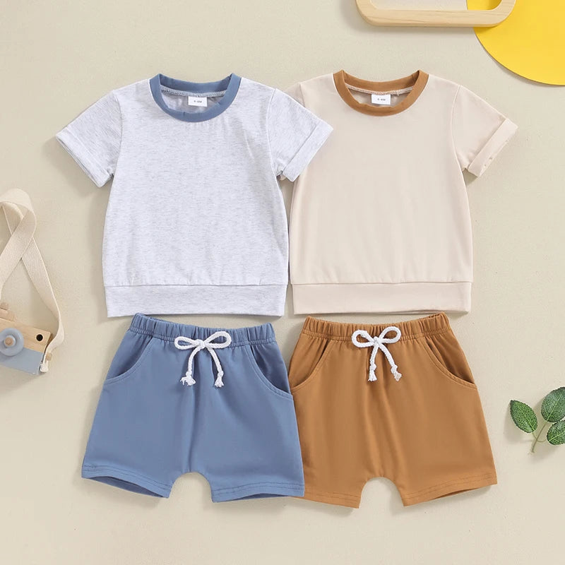 Baby Toddler Boys 2Pcs Summer Outfit Patchwork Round Neck Short Sleeve Top Elastic Waist Shorts Clothes Set